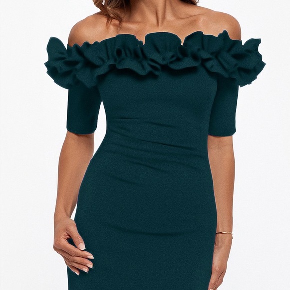 Xscape Ruffled Off-the-Shoulder Short Sleeve Gown 12P NWT Pine green - Picture 3 of 7